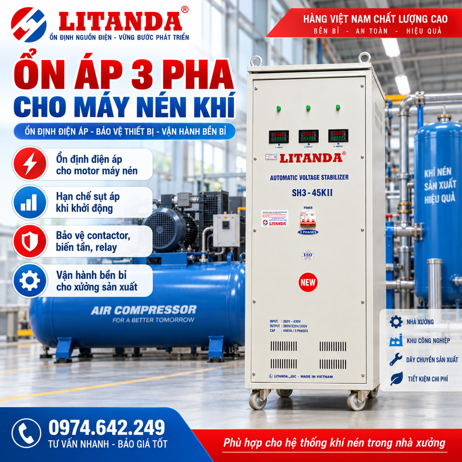 Ổn áp 3 pha cho máy nén khí chuyên dùng cung cấp nguồn điện ổn định, bảo vệ động cơ công suất lớn khỏi sụt áp và quá tải khi khởi động.