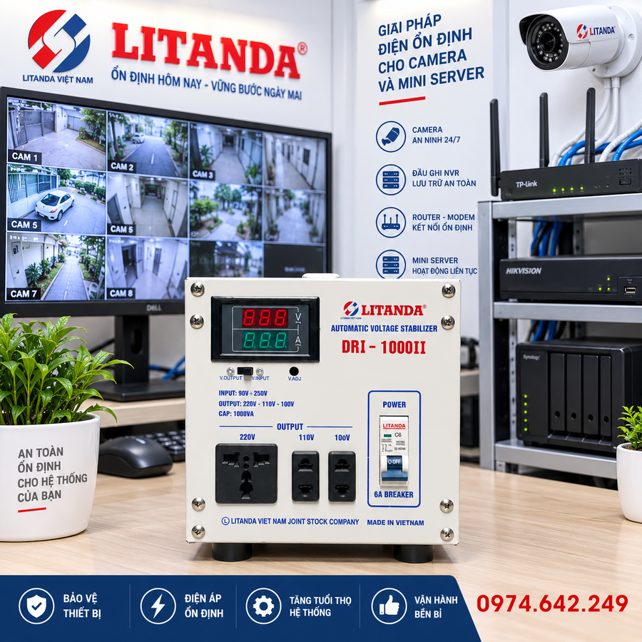 Ổn áp cho camera server mini chuyên dùng ổn định điện áp, bảo vệ hệ thống lưu trữ và thiết bị giám sát khỏi tình trạng sụt áp, chập chờn.