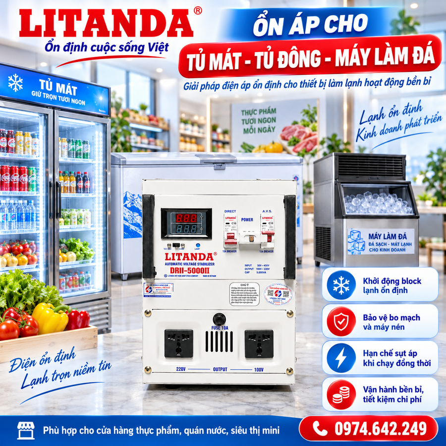 Ổn áp cho tủ mát tủ đông máy làm đá chuyên dùng ổn định điện áp, bảo vệ máy nén và bo mạch khỏi tình trạng sụt áp, chập chờn và quá tải.