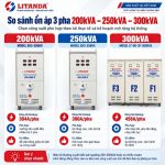So sánh ổn áp 3 pha 200kVA 250kVA 300kVA dùng đánh giá phụ tải công nghiệp nặng, lựa chọn công suất tối ưu cho nhà máy, khu sản xuất lớn.
