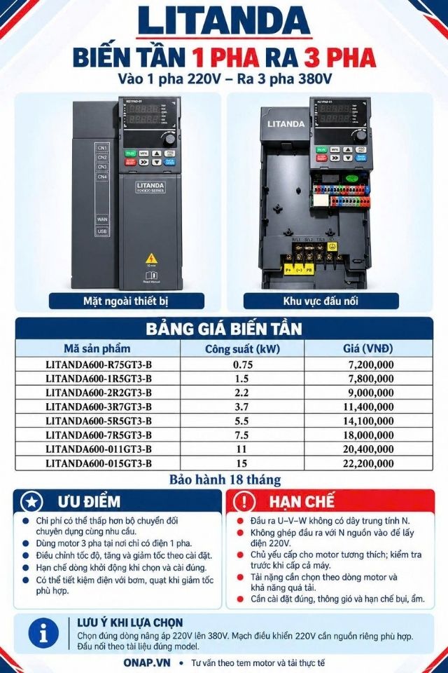 Biến tần 1 pha ra 3 pha chuyên dùng chuyển đổi nguồn điện, điều khiển tốc độ động cơ linh hoạt và bảo vệ tối ưu cho hệ thống máy móc.