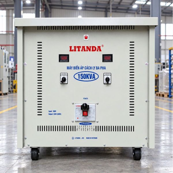 Biến áp cách ly Litanda 150KVA vào 380V ra 220V giúp chuyển đổi điện áp chuẩn xác, chống nhiễu, cách ly an toàn và bảo vệ thiết bị vận hành ổn định.