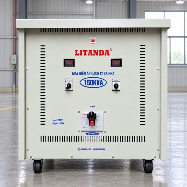 Biến áp cách ly Litanda 150KVA vào 380V ra 380V giúp chuyển đổi điện áp chuẩn xác, chống nhiễu, cách ly an toàn và bảo vệ thiết bị vận hành ổn định.