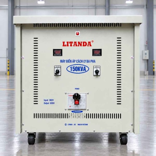 Biến áp cách ly Litanda 150KVA vào 380V ra 690V giúp chuyển đổi điện áp chuẩn xác, chống nhiễu, cách ly an toàn và bảo vệ thiết bị vận hành ổn định.