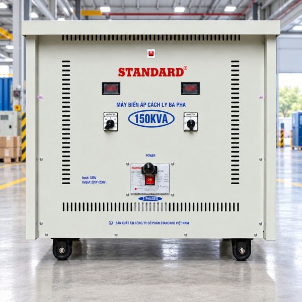 Biến áp cách ly Standard 150KVA vào 380V ra 220V giúp chuyển đổi điện áp chuẩn xác, chống nhiễu, cách ly an toàn và bảo vệ thiết bị vận hành ổn định.