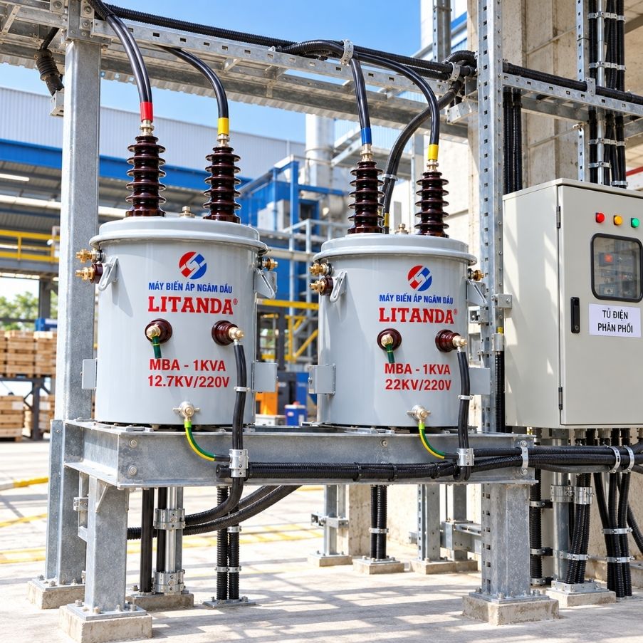 Biến áp ngâm dầu Litanda 1KVA 22KV/220V chuyên dùng hạ áp điện áp cao, vận hành bền bỉ ngoài trời và cung cấp nguồn điện ổn định cho hệ thống điện lưới.