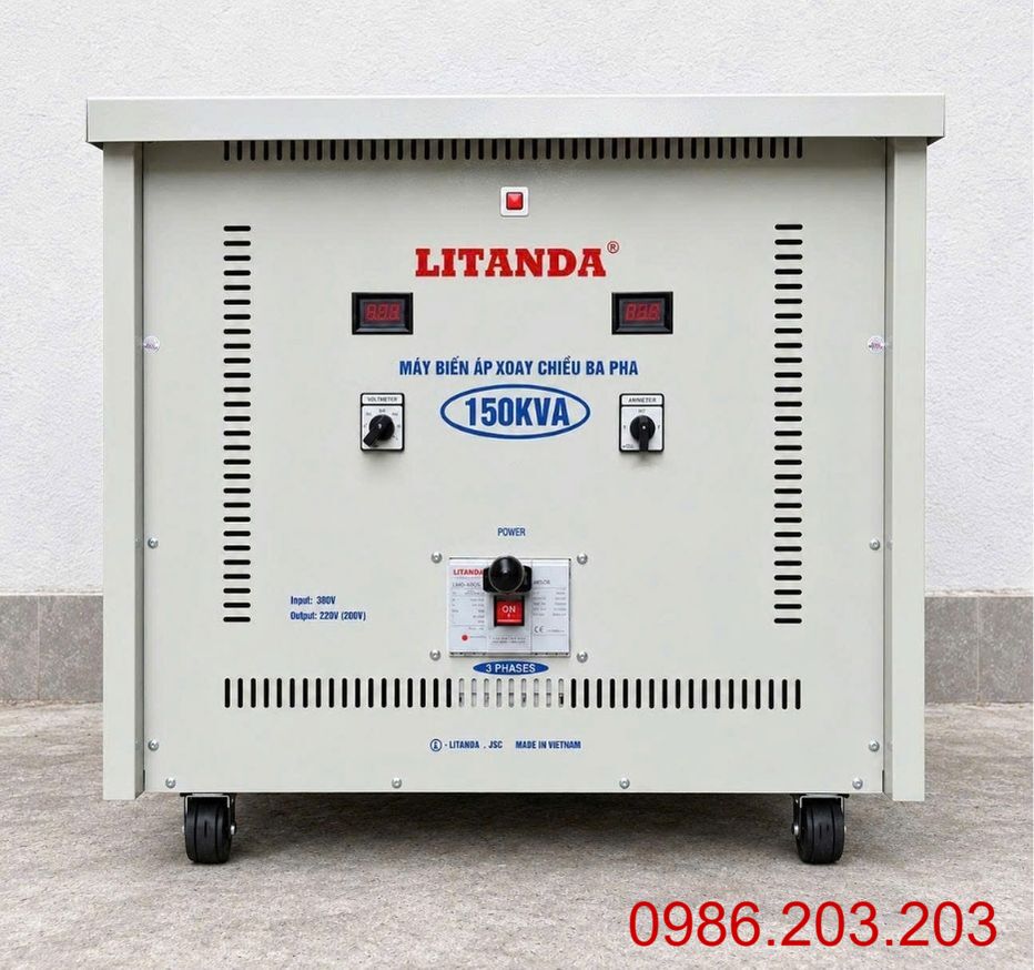 Biến áp tự ngẫu Litanda 150KVA vào 380V ra 220V giúp chuyển đổi điện áp chuẩn xác, chống nhiễu, cách ly an toàn và bảo vệ thiết bị vận hành ổn định.