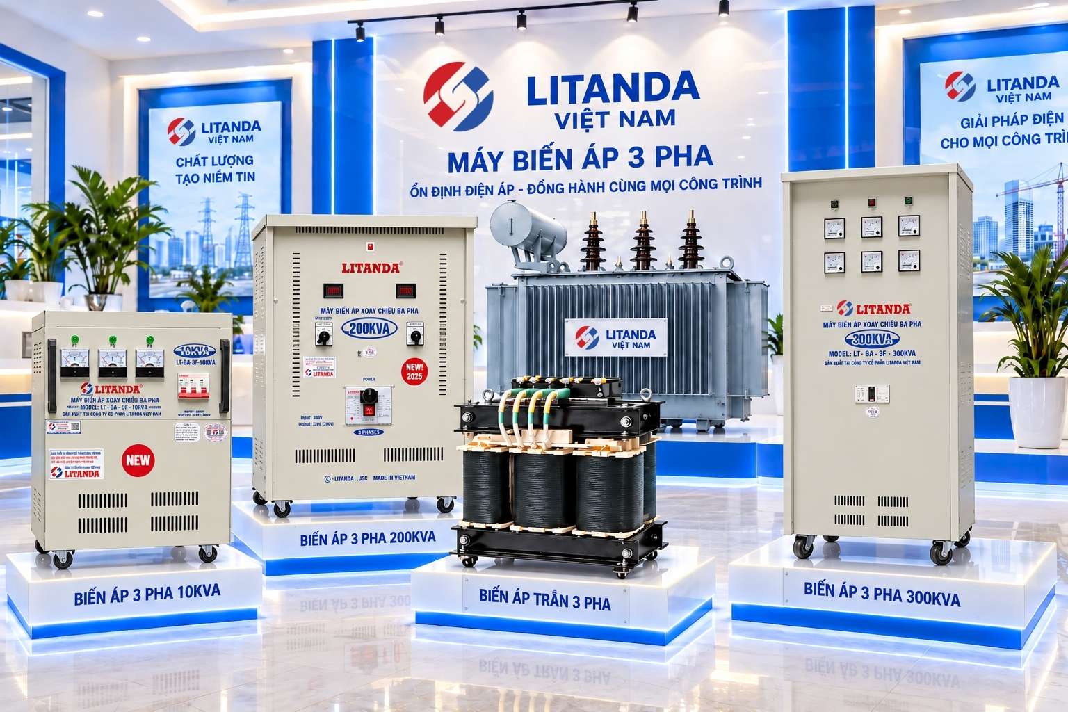 Hình minh họa các loại máy biến áp 3 pha, có chức năng khác với ổn áp tự động điều chỉnh điện áp