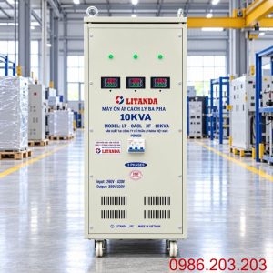 Ổn áp cách ly Lioa 10KVA 3 pha 260V-430V chuyên dùng ổn định điện áp, lọc nhiễu, chống giật và bảo vệ thiết bị điện công nghiệp nhạy cảm.