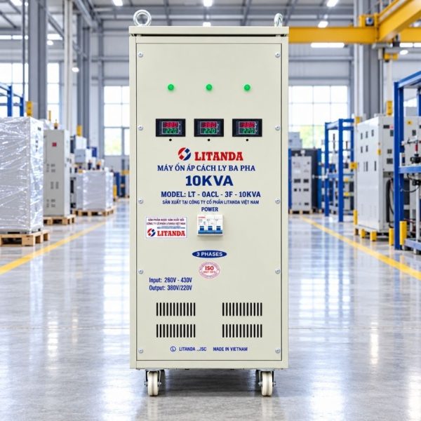 Ổn áp cách ly Lioa 10KVA 3 pha 260V-430V chuyên dùng ổn định điện áp, lọc nhiễu, chống giật và bảo vệ thiết bị điện công nghiệp nhạy cảm.