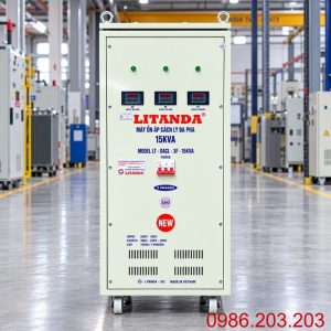 Ổn áp cách ly 15KVA 3 pha 260V-430V chuyên dùng ổn định điện áp, lọc nhiễu, chống giật và bảo vệ thiết bị điện công nghiệp nhạy cảm.
