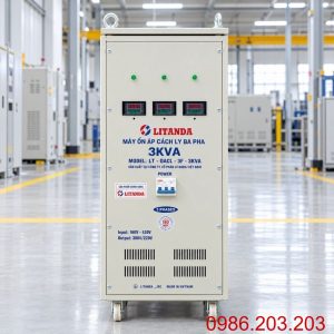 Ổn áp cách ly Lioa 3KVA 3 pha 160V-430V chuyên dùng ổn định điện áp dải rộng, lọc nhiễu, chống giật và bảo vệ thiết bị điện công nghiệp nhạy cảm.