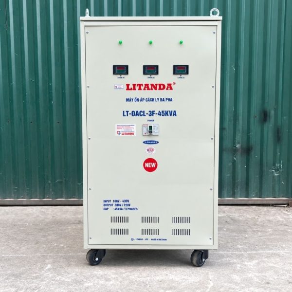 Ổn áp cách ly 45KVA 3 pha 160V-430V chuyên dùng ổn định điện áp dải rộng, lọc nhiễu, chống giật và bảo vệ thiết bị điện công nghiệp nhạy cảm.