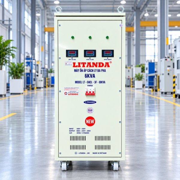 Ổn áp cách ly 6KVA 3 pha 160V-430V chuyên dùng ổn định điện áp dải rộng, lọc nhiễu, chống giật và bảo vệ thiết bị điện công nghiệp nhạy cảm.