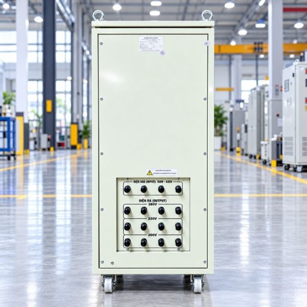 Ổn áp cách ly 6KVA 3 pha 160V-430V chuyên dùng ổn định điện áp dải rộng, lọc nhiễu, chống giật và bảo vệ thiết bị điện công nghiệp nhạy cảm.