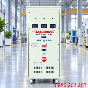 Ổn áp cách ly 6KVA 3 pha 160V-430V chuyên dùng ổn định điện áp dải rộng, lọc nhiễu, chống giật và bảo vệ thiết bị điện công nghiệp nhạy cảm.