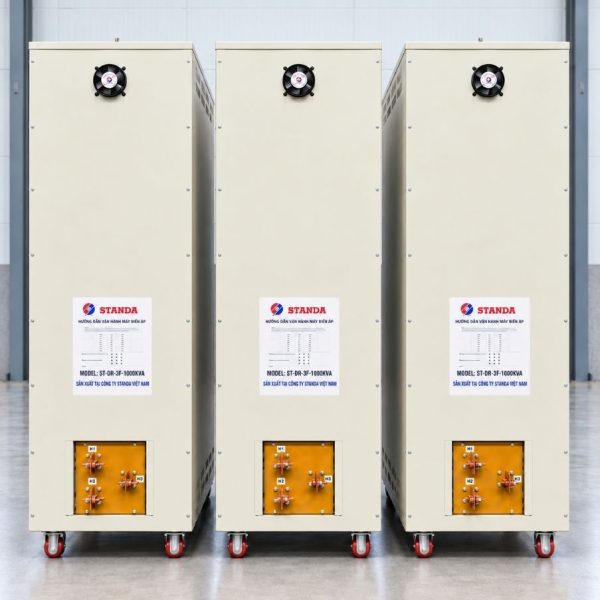 Ổn áp Standa 3 pha 1000KVA SH3-1000K/3II giúp ổn định điện áp 380V, bảo vệ toàn diện hệ thống máy móc nhà xưởng và tối ưu hóa hiệu suất vận hành.