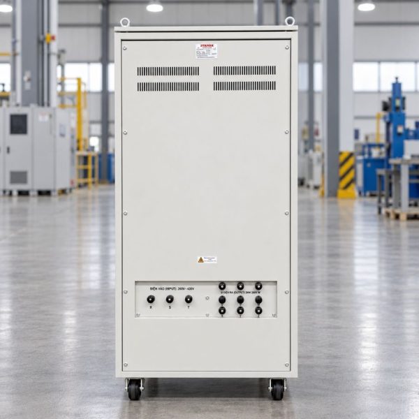 Ổn áp Standa 3 pha 100KVA SH3-100KII giúp cân bằng nguồn 380V, bảo vệ thiết bị điện công nghiệp, chống sốc áp, quá tải và nâng cao tuổi thọ máy móc