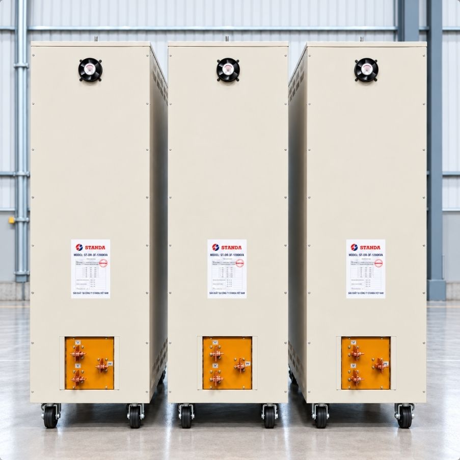 Ổn áp Standa 3 pha 1200KVA NM-1200K/3II giúp ổn định điện áp 380V, bảo vệ toàn diện hệ thống máy móc nhà xưởng và tối ưu hóa hiệu suất vận hành.