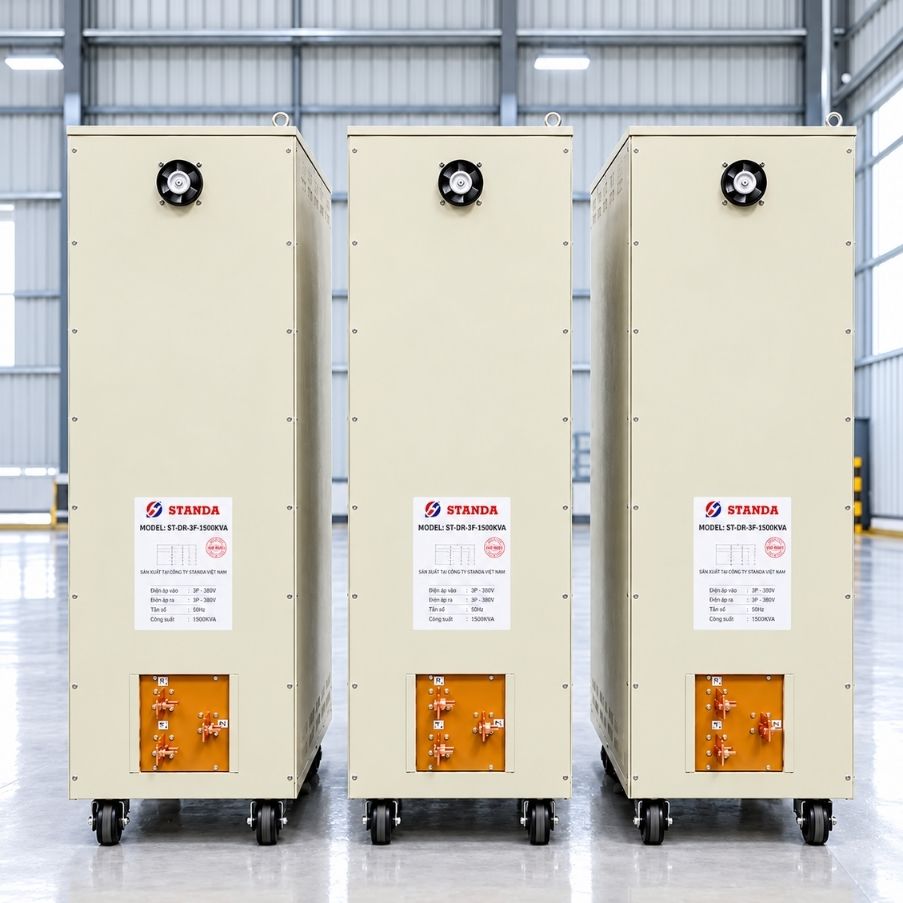 Ổn áp Standa 3 pha 1500KVA SH3-1500K/3II giúp ổn định điện áp 380V, bảo vệ toàn diện hệ thống máy móc nhà xưởng và tối ưu hóa hiệu suất vận hành.