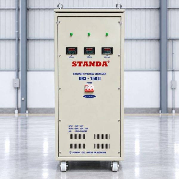 Ổn áp Standa 3 pha 15KVA DR3-15KII dùng kéo điện yếu, ổn định nguồn 380V, chống quá tải, ngắn mạch và bảo vệ hệ thống thiết bị vận hành an toàn, bền bỉ