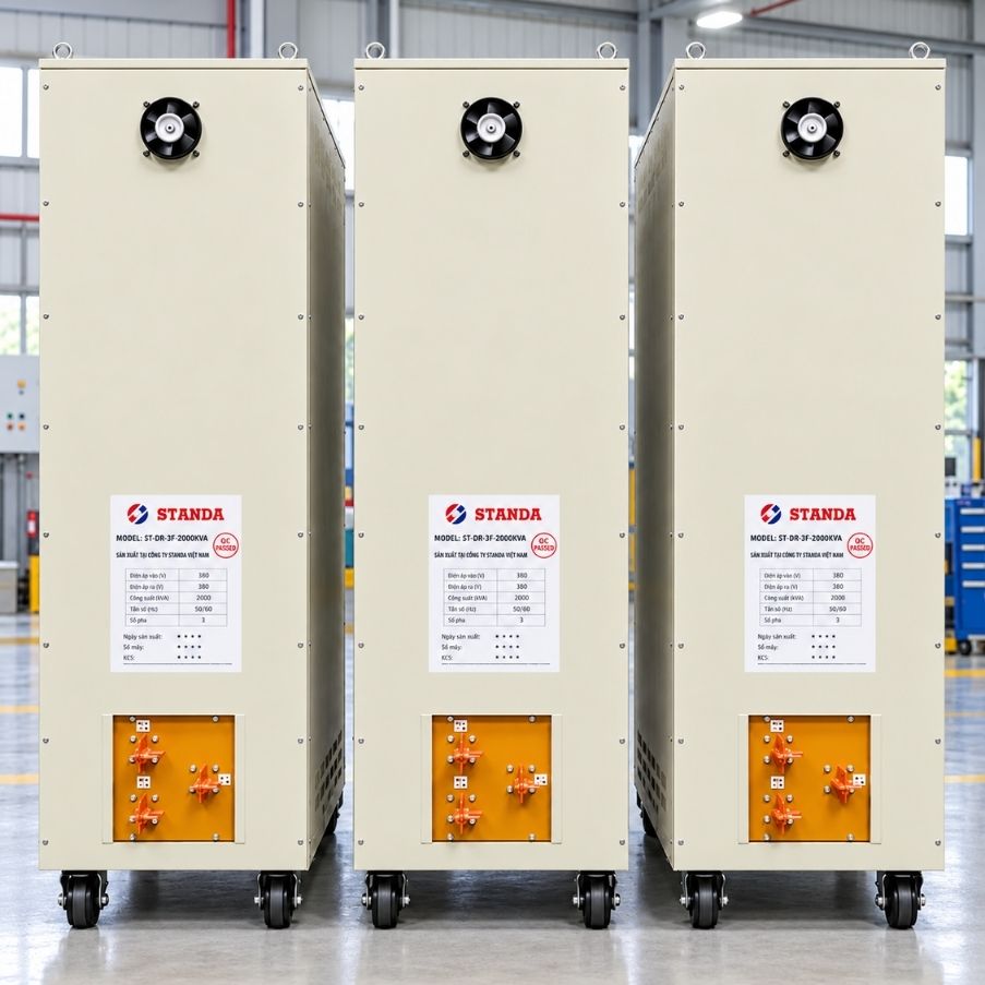 Ổn áp Standa 3 pha 2000KVA SH3-2000K/3II giúp ổn định điện áp 380V, bảo vệ toàn diện hệ thống máy móc nhà xưởng và tối ưu hóa hiệu suất vận hành.