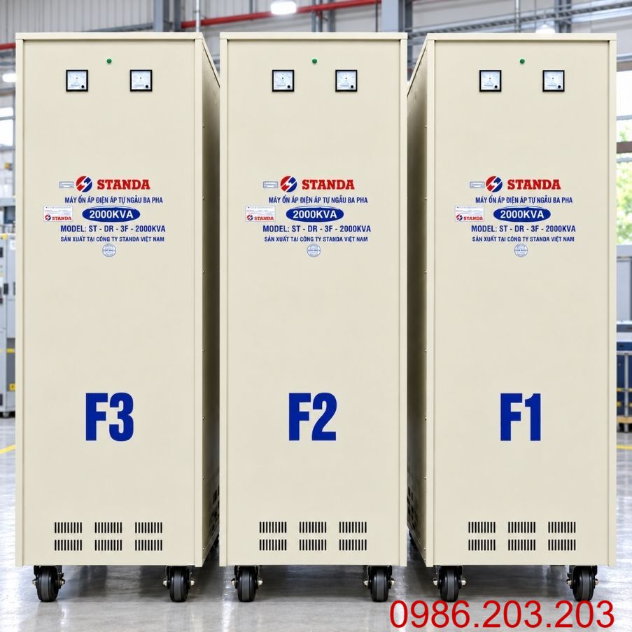 Ổn áp Standa 3 pha 2000KVA SH3-2000K/3II giúp ổn định điện áp 380V, bảo vệ toàn diện hệ thống máy móc nhà xưởng và tối ưu hóa hiệu suất vận hành.