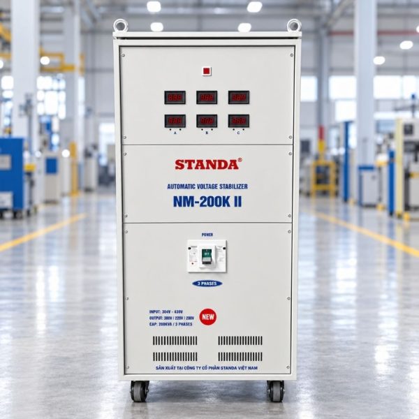 Ổn áp Standa 3 pha 200KVA NM-200KII giúp cân bằng nguồn 380V, bảo vệ thiết bị điện công nghiệp, chống sốc áp, quá tải và nâng cao tuổi thọ máy móc vận hành.