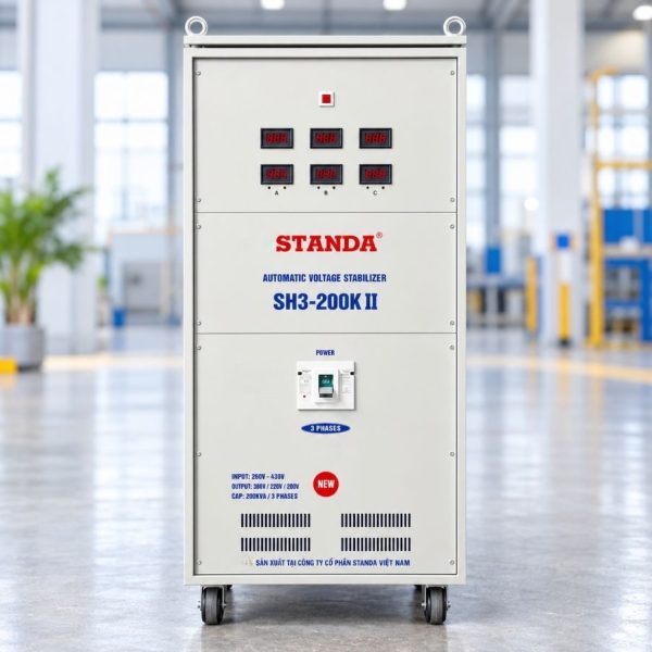 Ổn áp Standa 3 pha 200KVA SH3-200KII giúp cân bằng nguồn 380V, bảo vệ thiết bị điện công nghiệp, chống sốc áp, quá tải và nâng cao tuổi thọ máy móc.