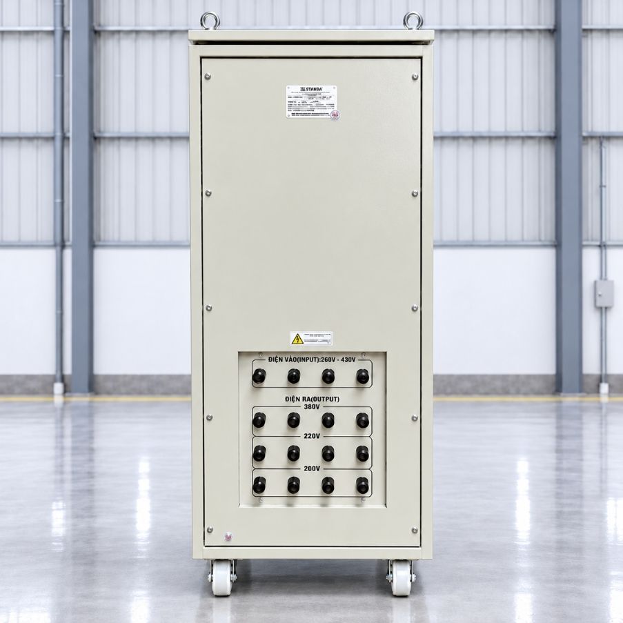 Ổn áp Standa 3 pha 20KVA DR3-20KII dùng kéo điện yếu, ổn định nguồn 380V, chống quá tải, ngắn mạch và bảo vệ hệ thống thiết bị vận hành an toàn, bền bỉ