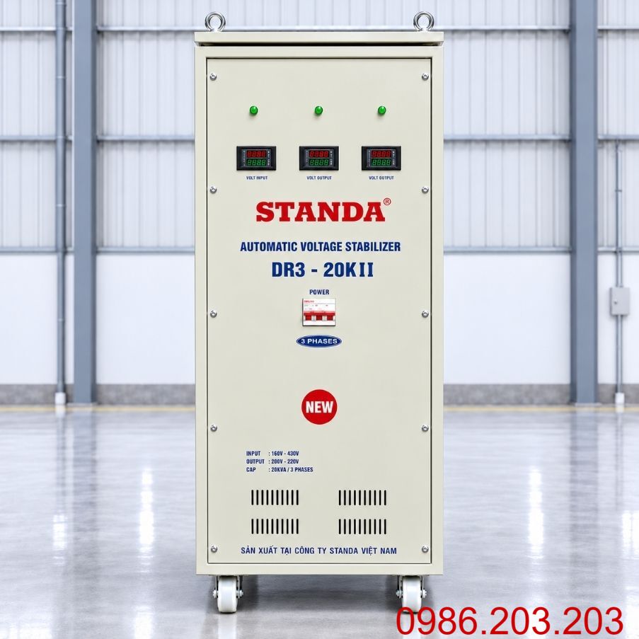 Ổn áp Standa 3 pha 20KVA DR3-20KII dùng kéo điện yếu, ổn định nguồn 380V, chống quá tải, ngắn mạch và bảo vệ hệ thống thiết bị vận hành an toàn, bền bỉ