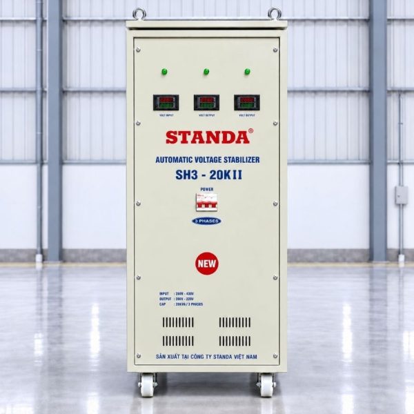 Ổn áp Standa 3 pha 20KVA SH3-20KII dùng kéo điện yếu, ổn định nguồn 380V, chống quá tải, ngắn mạch và bảo vệ hệ thống thiết bị vận hành an toàn, bền bỉ