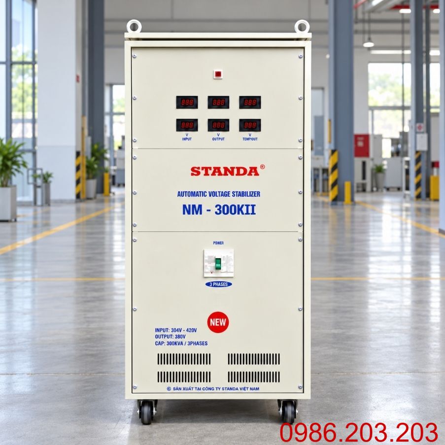 Ổn áp Standa 3 pha 300KVA NM-300KII giúp cân bằng nguồn 380V, bảo vệ thiết bị điện công nghiệp, chống sốc áp, quá tải và nâng cao tuổi thọ máy móc vận hành.