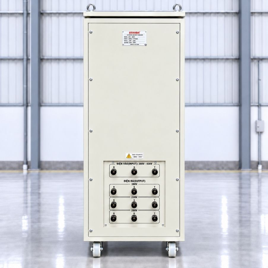 Ổn áp Standa 3 pha 30KVA DR3-30KII dùng kéo điện yếu, ổn định nguồn 380V, chống quá tải, ngắn mạch và bảo vệ hệ thống thiết bị vận hành an toàn, bền bỉ