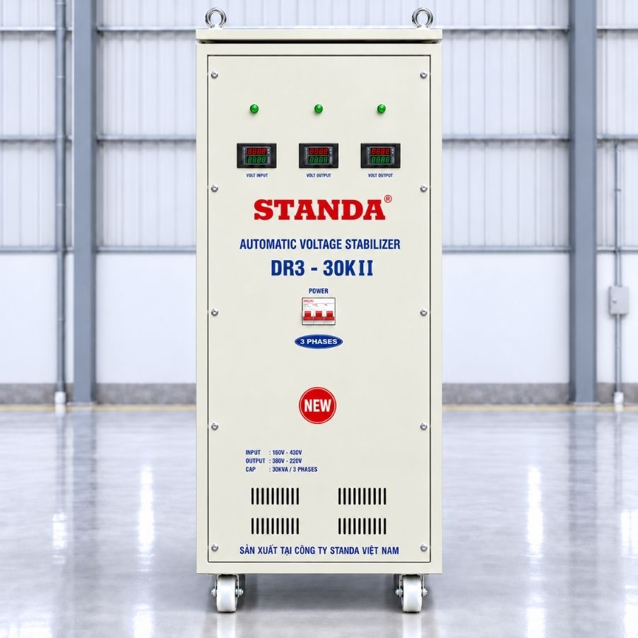 Ổn áp Standa 3 pha 30KVA DR3-30KII dùng kéo điện yếu, ổn định nguồn 380V, chống quá tải, ngắn mạch và bảo vệ hệ thống thiết bị vận hành an toàn, bền bỉ