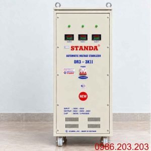 Ổn áp Standa 3 pha 3KVA DR3-3KII dùng kéo điện yếu, ổn định nguồn 380V, chống quá tải, ngắn mạch và bảo vệ hệ thống thiết bị vận hành an toàn, bền bỉ