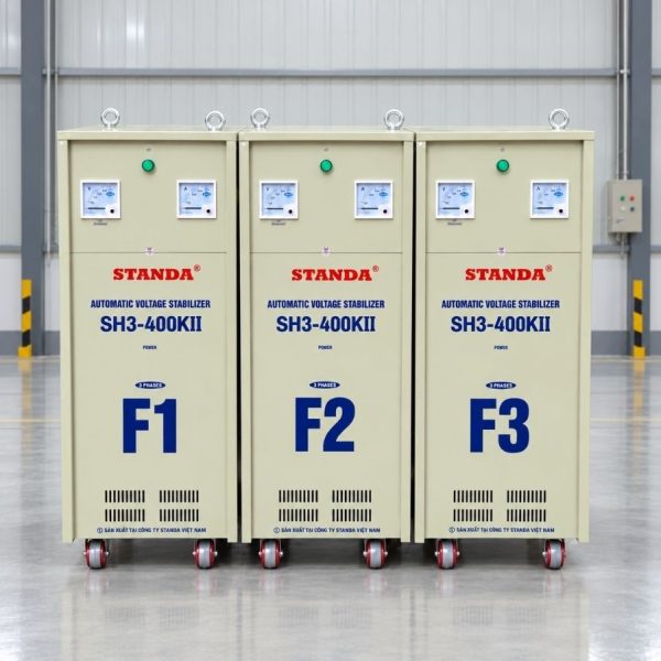 Ổn áp Standa 3 pha 400KVA SH3-400K/3II giúp cân bằng nguồn 380V, bảo vệ thiết bị điện công nghiệp, chống sốc áp, quá tải và nâng cao tuổi thọ máy móc