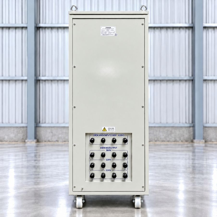 Ổn áp Standa 3 pha 45KVA DR3-45KII dùng kéo điện yếu, ổn định nguồn 380V, chống quá tải, ngắn mạch và bảo vệ hệ thống thiết bị vận hành an toàn, bền bỉ
