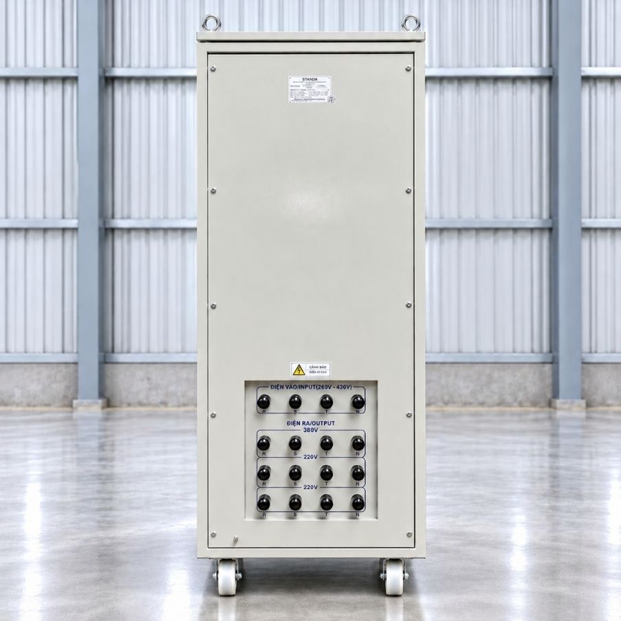 Ổn áp Standa 3 pha 45KVA SH3-45KII dùng kéo điện yếu, ổn định nguồn 380V, chống quá tải, ngắn mạch và bảo vệ hệ thống thiết bị vận hành an toàn, bền bỉ