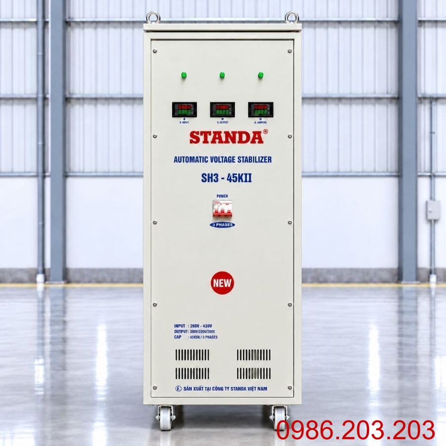 Ổn áp Standa 3 pha 45KVA SH3-45KII dùng kéo điện yếu, ổn định nguồn 380V, chống quá tải, ngắn mạch và bảo vệ hệ thống thiết bị vận hành an toàn, bền bỉ