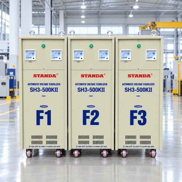 Ổn áp Standa 3 pha 500KVA SH3-500K/3II giúp ổn định điện áp 380V, bảo vệ toàn diện hệ thống máy móc nhà xưởng và tối ưu hóa hiệu suất vận hành.