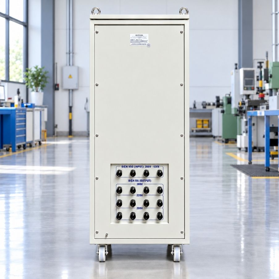 Ổn áp Standa 3 pha 50KVA SH3-50KII giúp cân bằng nguồn 380V, bảo vệ thiết bị điện công nghiệp, chống sốc áp, quá tải và nâng cao tuổi thọ máy móc vận hành.