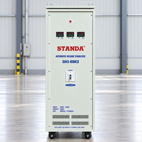 on-ap-standa-3-pha-60kva-sh3-60kii Ổn áp Standa 3 pha 60KVA SH3-60KII giúp cân bằng nguồn 380V, bảo vệ thiết bị điện công nghiệp, chống sốc áp, quá tải và nâng cao tuổi thọ máy móc vận hành.