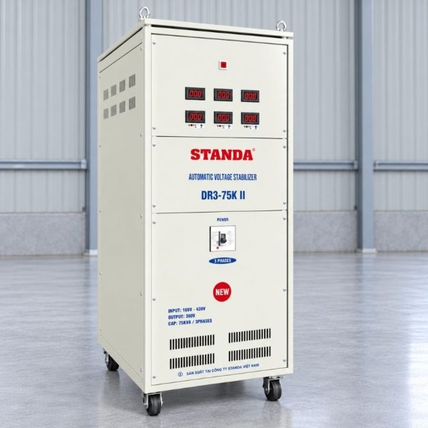 on-ap-standa-3-pha-75kva-dr3-75kii-mat-nghieng Ổn áp Standa 3 pha 75KVA DR3-75KII giúp cân bằng nguồn 380V, bảo vệ thiết bị điện công nghiệp, chống sốc áp, quá tải và nâng cao tuổi thọ máy móc vận hành.