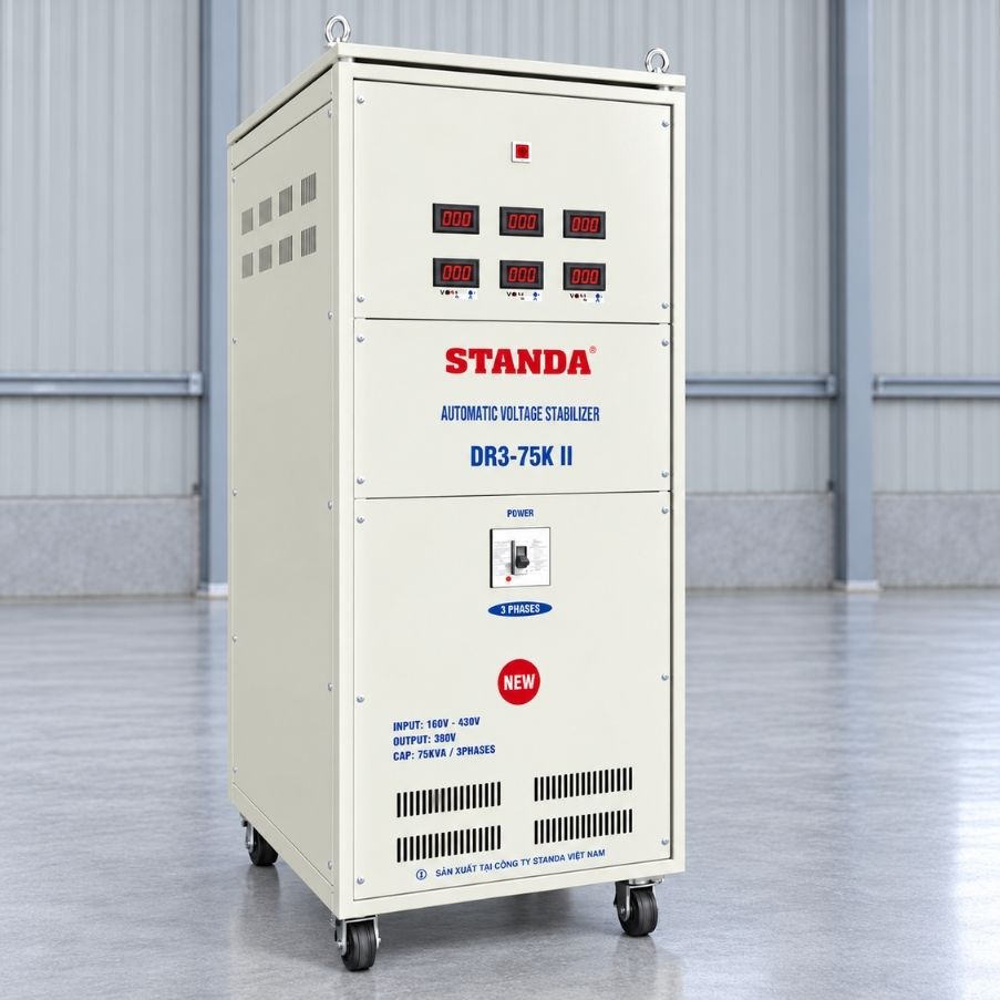 Ổn áp Standa 3 pha 75KVA DR3-75KII giúp cân bằng nguồn 380V, bảo vệ thiết bị điện công nghiệp, chống sốc áp, quá tải và nâng cao tuổi thọ máy móc vận hành.