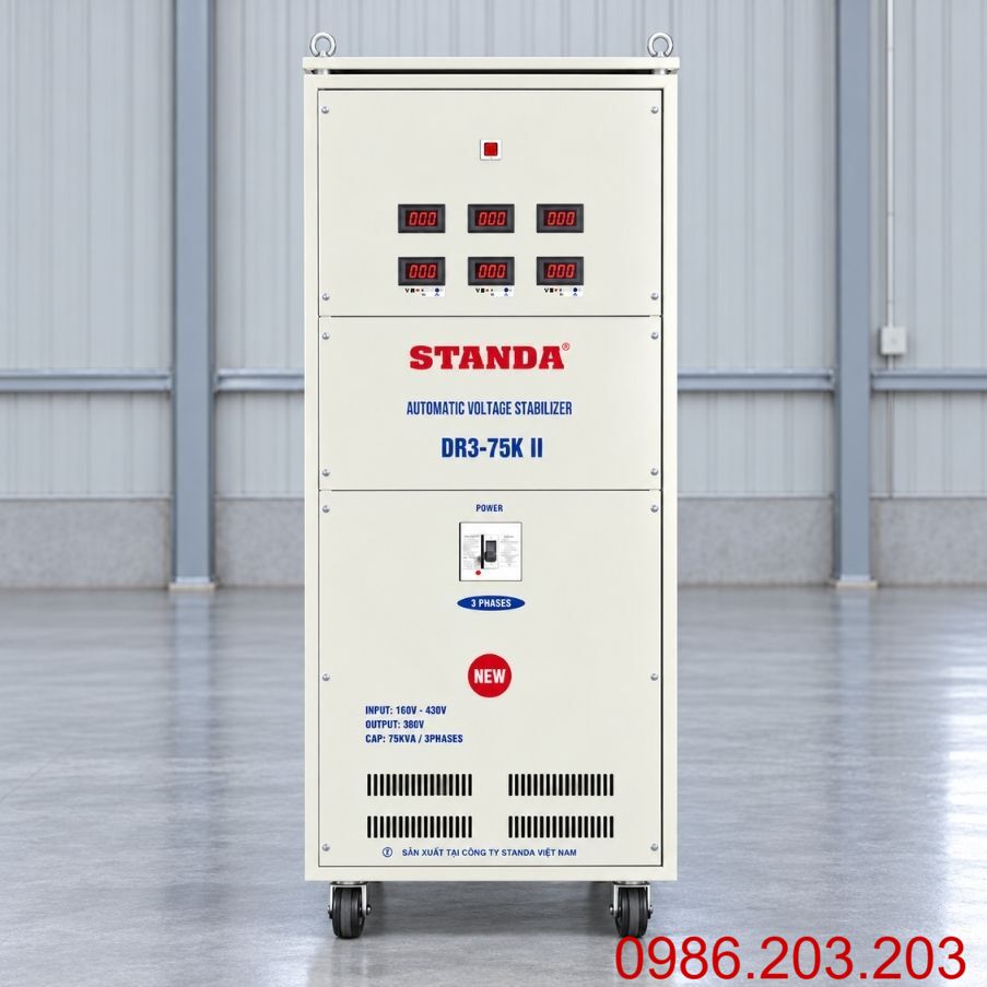 Ổn áp Standa 3 pha 75KVA DR3-75KII giúp cân bằng nguồn 380V, bảo vệ thiết bị điện công nghiệp, chống sốc áp, quá tải và nâng cao tuổi thọ máy móc vận hành.