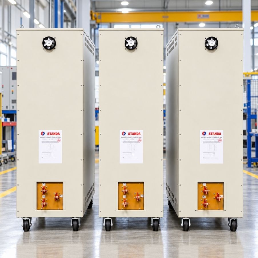 Ổn áp Standa 3 pha 800KVA SH3-800K/3II giúp ổn định điện áp 380V, bảo vệ toàn diện hệ thống máy móc nhà xưởng và tối ưu hóa hiệu suất vận hành.
