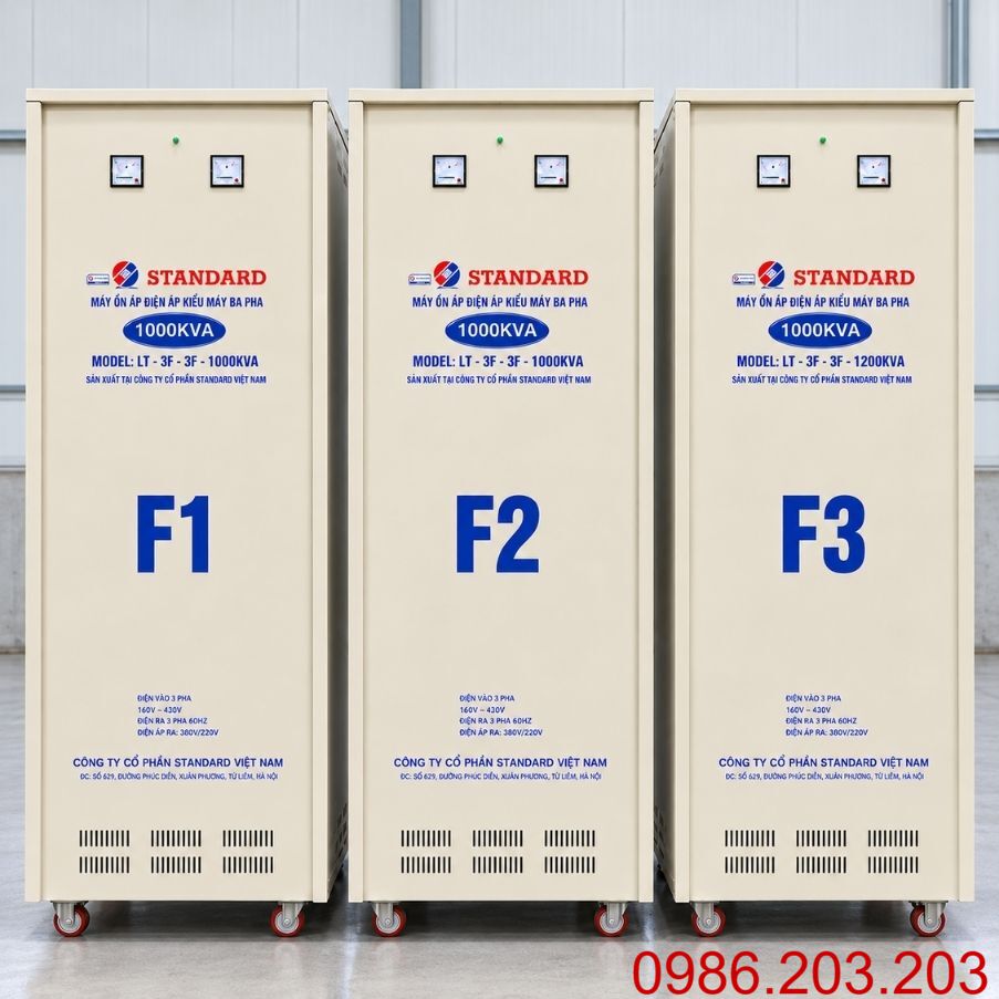 Ổn áp Standard 3 pha 1000KVA SH3-1000K/3II chuyên dùng ổn định điện áp tự động, chống quá tải, ngắn mạch, nâng cao độ bền và bảo vệ các thiết bị điện.