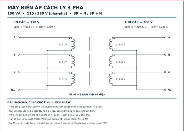 so-do-bie-ap-cach-ly-3pha-110v-len-380v Sơ đồ máy biến áp cách ly 3 pha 110V lên 380V