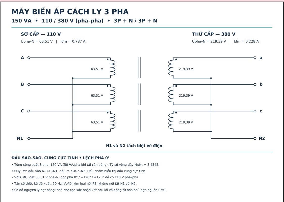 Sơ đồ máy biến áp cách ly 3 pha 110V lên 380V